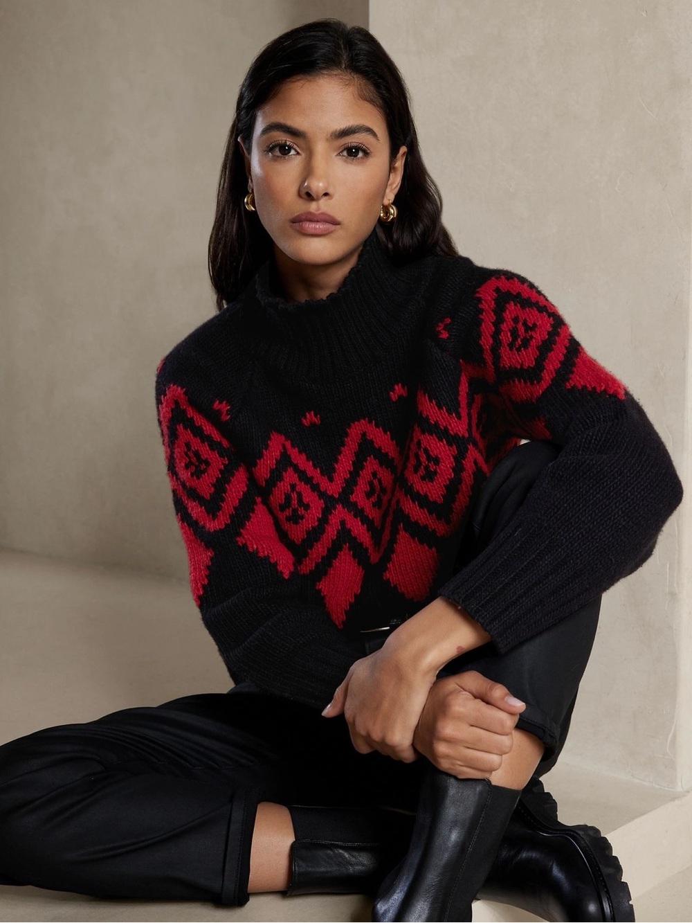 Women’s Black & Red Fair Isle  Turtleneck Sweater